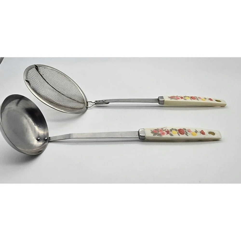Vintage‎ Japan Stainless Floral Handle Kitchen Utensils Set Ladle Strainer